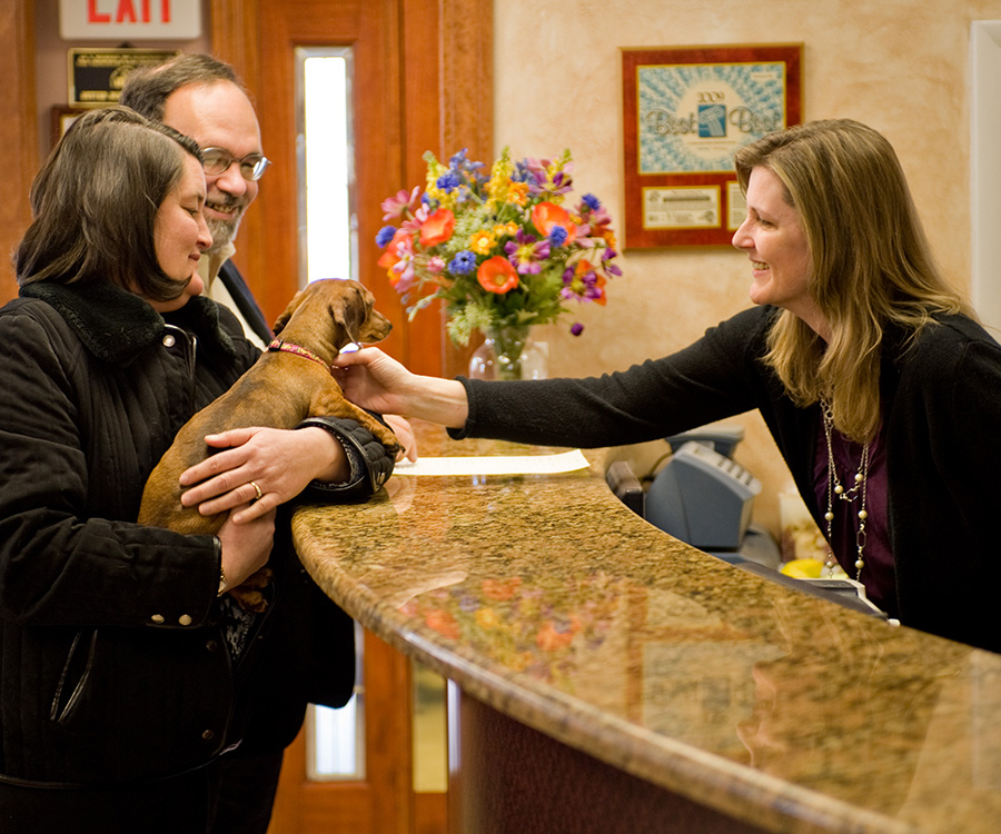 small dog with owners at front desk